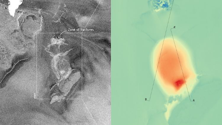 Satellitendaten zeigen das Ausmaß der Katastrophe: der zerbrochene Eisschild und die farblich unterlegte Höhenveränderung des Terrains (v.l.).