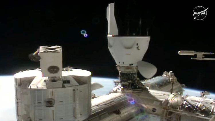 Dieses Videostandbild zeigt die an die Internationale Raumstation angedockte Dragon-Kapsel mit der "Crew 11" an Bord.