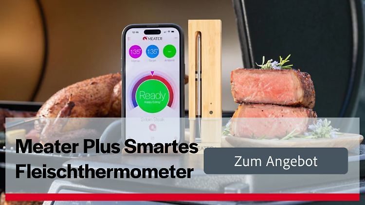 Das Meater Plus misst Kerntemperatur und Garzeit kabellos per Bluetooth und App.