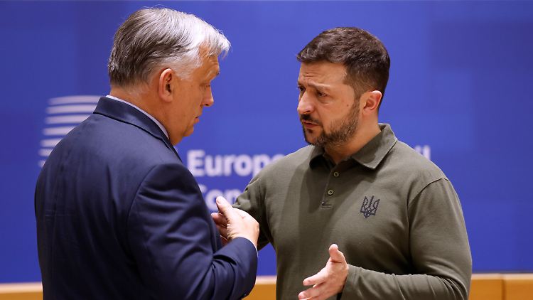 Ungarns Premierminister Orban und der ukrainische Präsident Selenskyj während des Gipfels des Europäischen Rates im Juni 2024 in Brüssel. 