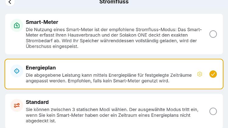 Drei Grundmodi für den Speicher gibt es in der Solakon-App: Smart Meter, Energieplan oder die Wahl zwischen drei Standard-Vorgaben.