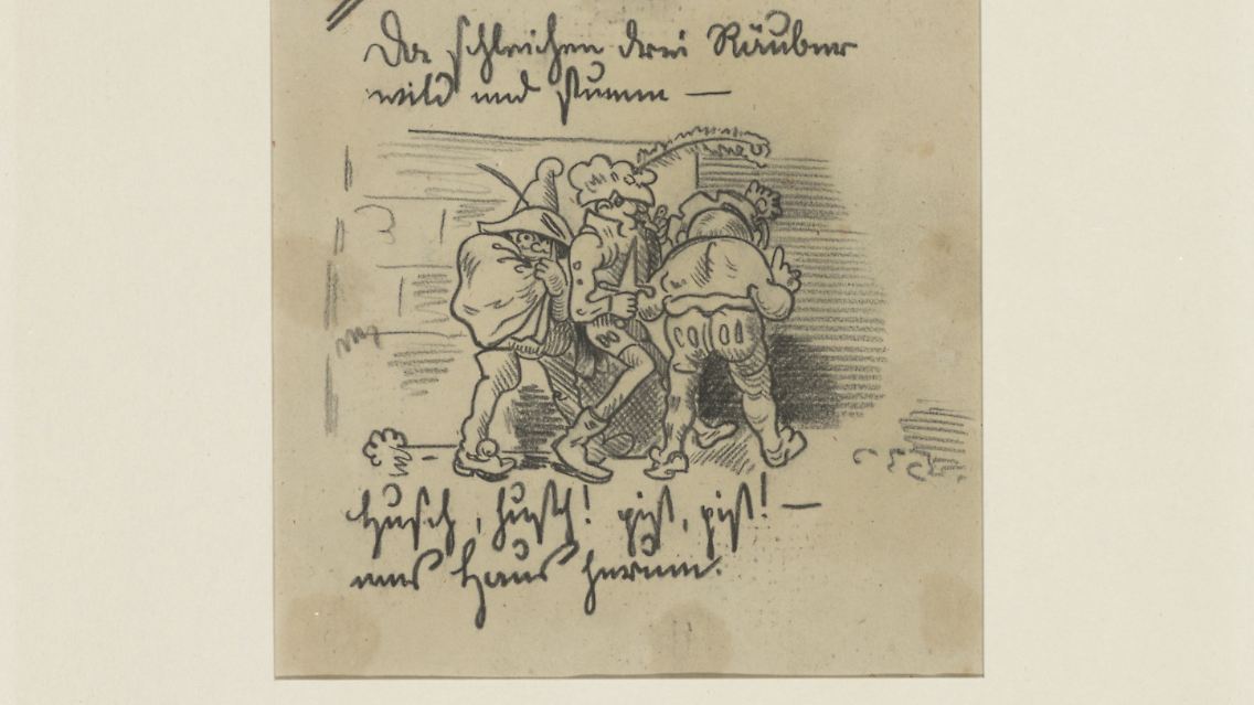 Die "Drei Räuber" illustrieren das Gedicht "Die kühne Müllerstocher" von Wilhelm Busch.