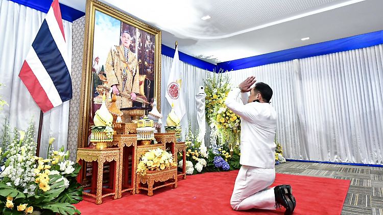 Anutin Charnvirakul kniet vor einem Portrait des thailändischen Königs.