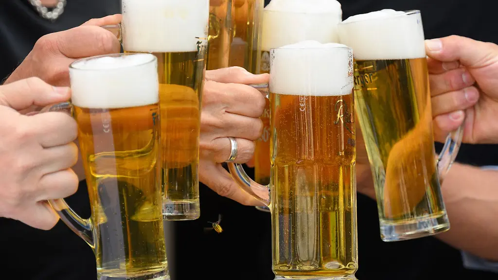 Eine-Gesellschaft-stoesst-mit-Bier-an