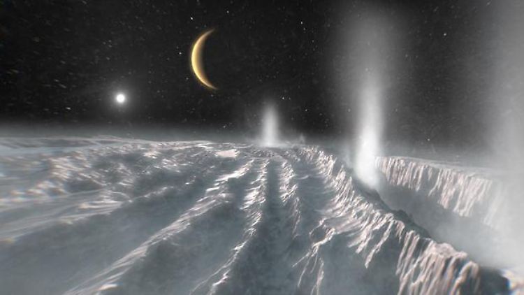 Künstlerische Darstellung der Wasserfontänen auf Enceladus - ihr Ursprung ist ein verborgener Ozean unter der Oberfläche.