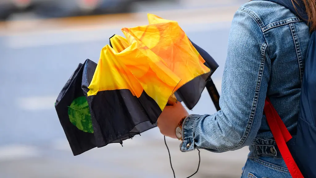 Eine-Frau-haelt-einen-Regenschirm-in-der-Hand