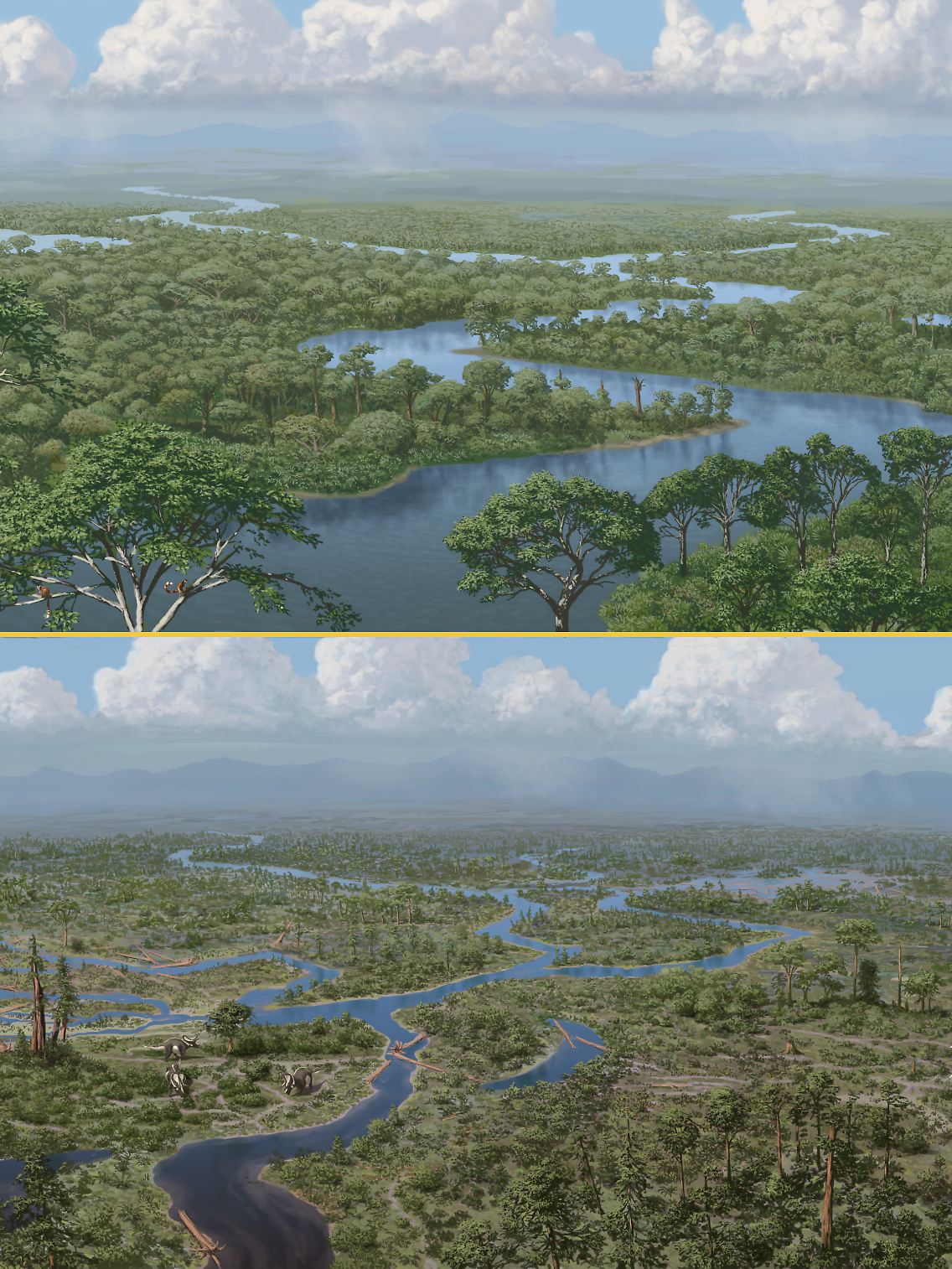 Die Illustration zeigt, wie Dinosaurier das Wachstum dichter Wälder verhinderten (unten). Ihr plötzliches Aussterben führte laut der Studie zur Ausbreitung der Vegetation (oben).