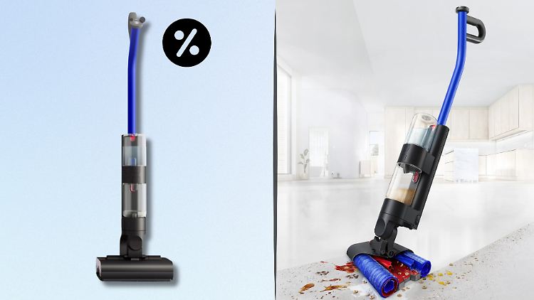 Der Dyson WashG1 im Einsatz: Zwei Walzen reinigen Hartböden und trennen Frisch- von Schmutzwasser.