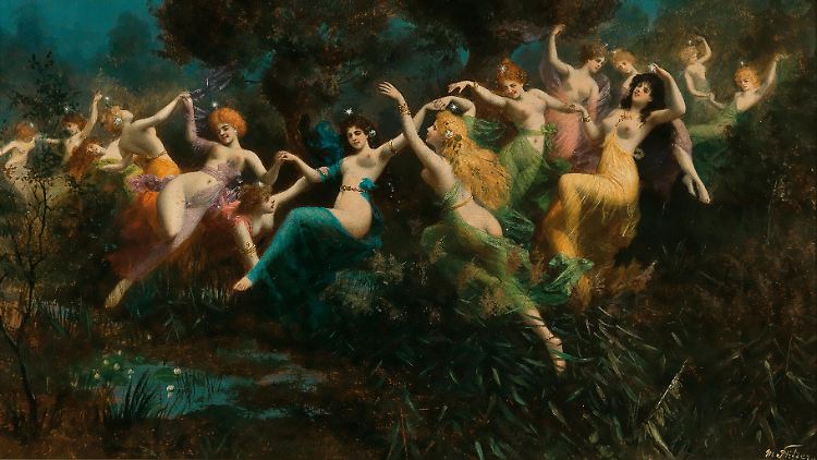 Nymphen oder auch Will-o'-the-wisps auf einem historischen Gemälde.