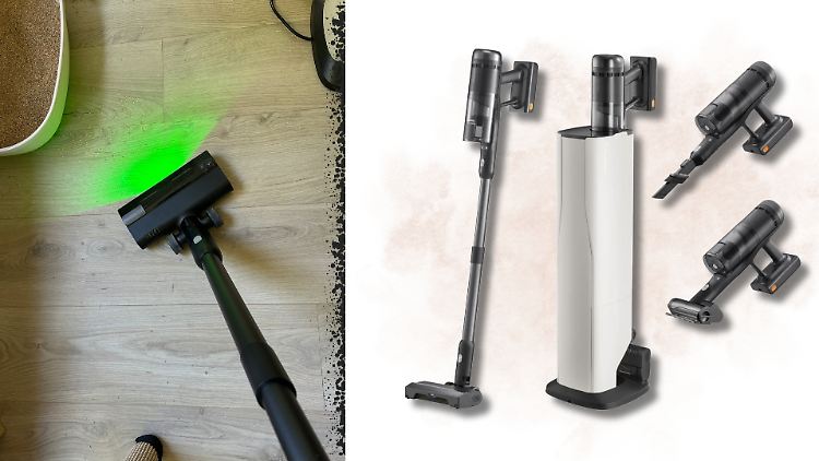Der Roborock H60 Hub Ultra Akkusauger macht mit seiner Bodenleuchte Staub und Schmutz sichtbar.