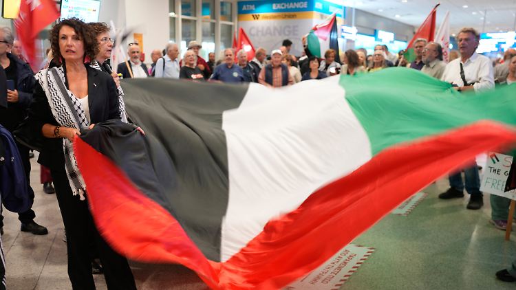 Pro-palästinensische Demonstranten erwarten die Ankunft der Aktivistin Greta Thunberg am Athener Flughafen. 