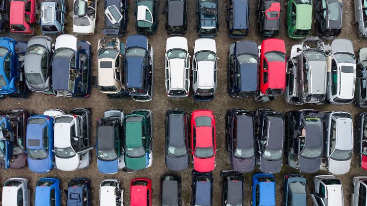 Schrottreife Verbrenner stehen übereinandergestapelt auf dem Gelände einer Autoverwertung. Die Union will das Ende noch einmal überdenken. 