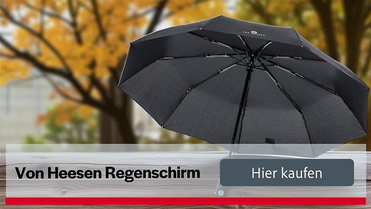 Bestens gerüstet für Herbst-Wetter: Der sturmfeste Regenschirm der Marke Von Heesen.