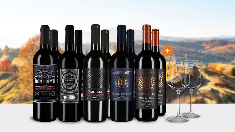 Zum exklusiven Primitivo-Set von Weinfürst gehören zehn Flaschen Wein und zwei Gläser von Schott Zwiesel.