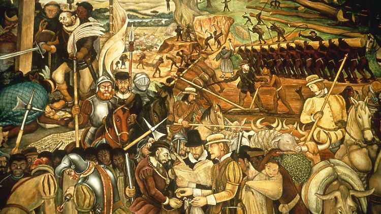 Auf diesem Gemälde des mexikanischen Künstlers Diego Rivera aus dem Jahr 1951 wird die Eroberung Mexikos durch Spanien 1519 dargestellt.