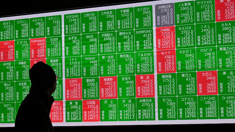 Grün werden in Tokio sinkende Kurse markiert, rot die steigenden. 