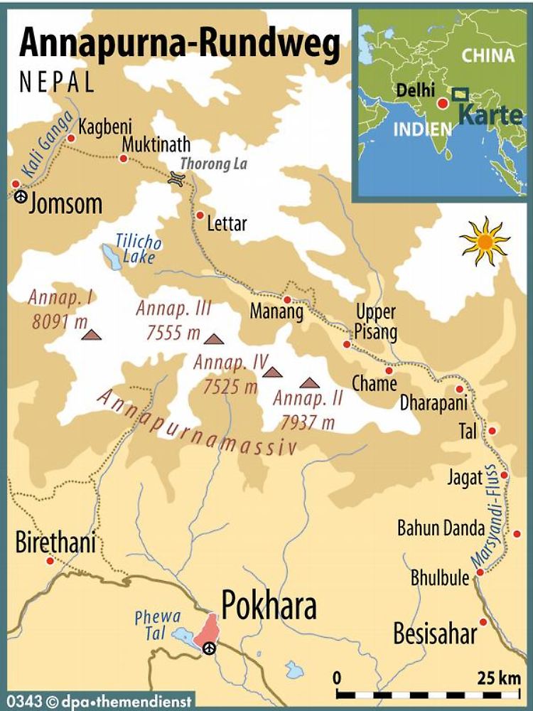 Die klassische Annapurna-Runde startet in Besisahar und endet in Birethani. Die kurze Variante geht Bhulbule über den Thorong La Pass bis Jomsom.
