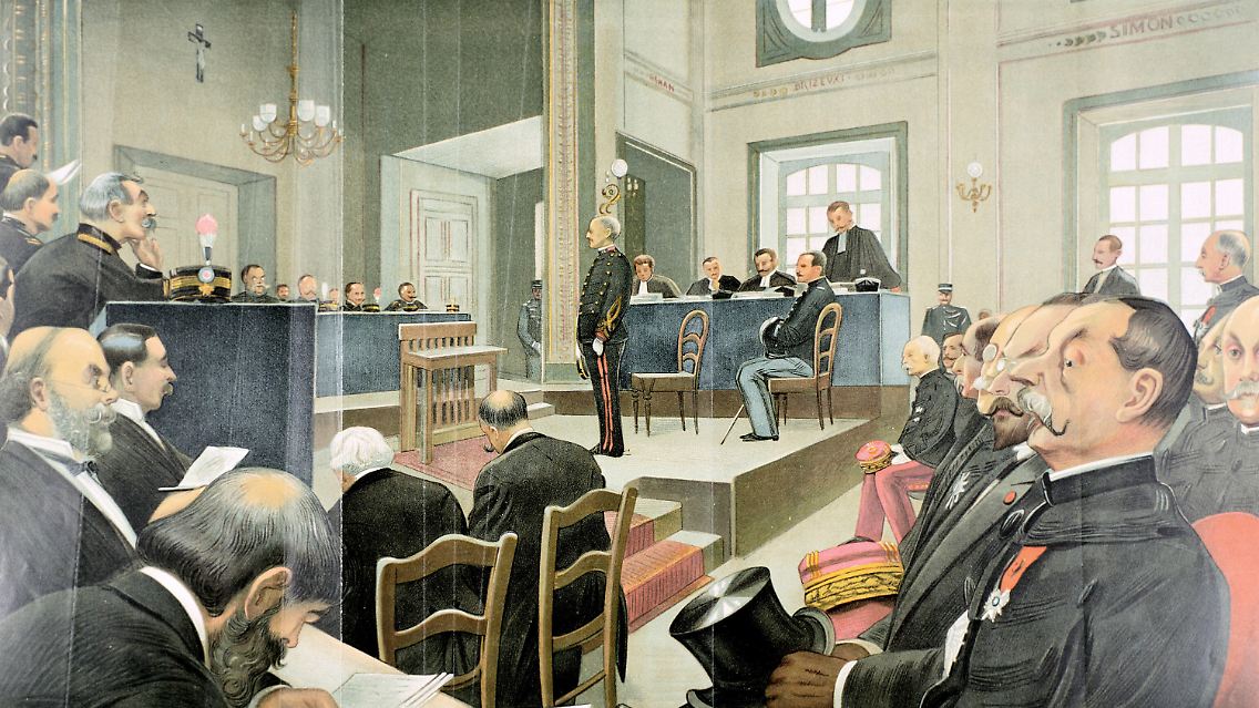 Künstlerische Bearbeitung einer Dreyfus-Verhandlung.