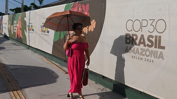 Eine Frau passiert in Belém Plakate, die von der COP künden.