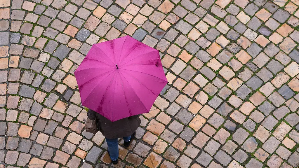 Eine-Frau-geht-mit-einem-Regenschirm-auf-einer-Strasse-entlang