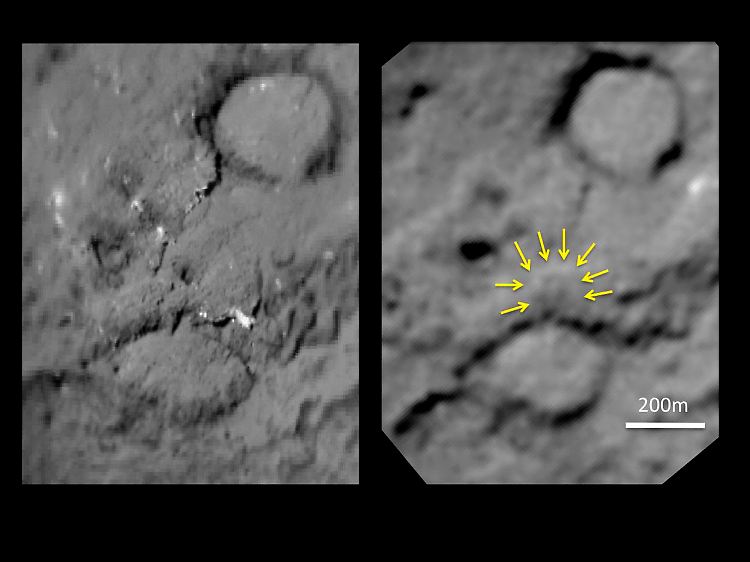 Links eine Aufnahme von 2005, rechts einaktuelles Bild, das zeigen soll, welche Spuren die Sonde "Deep Impact" im Jahr 2005 auf dem Kometen hinterlassen hat.