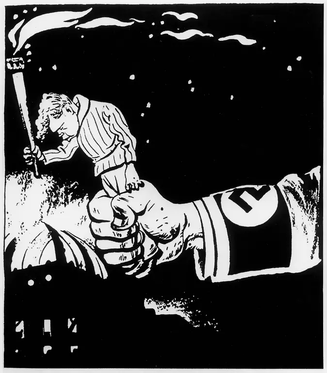 Sowjetische-Karikatur-auf-den-als-Brandstifter-verurteilten-Marinus-van-der-Lubbe-als-Handlanger-der-Nationalsozialisten