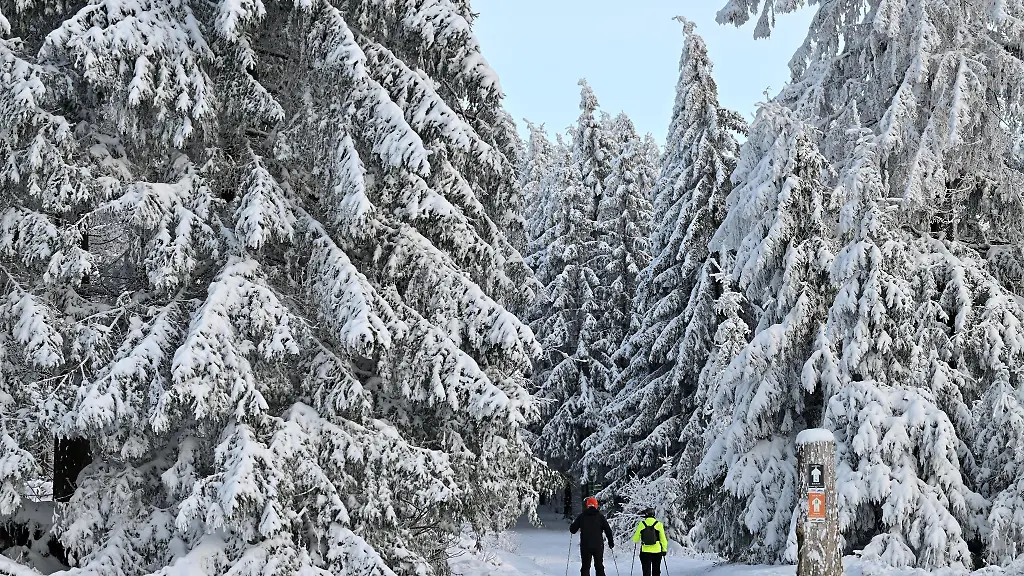 Zwei-Personen-waten-durch-den-Schnee-im-Thueringer-Wald