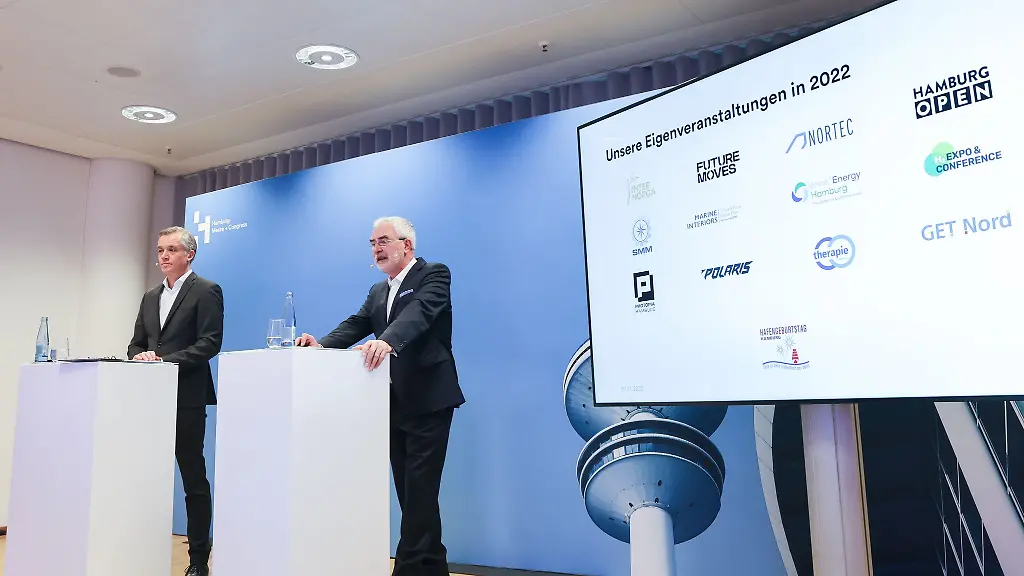 Bernd-Aufderheide-r-Vorsitzender-der-Geschaeftsfuehrung-Hamburg-Messe-und-Congress-GmbH-und-Uwe-Fischer-Geschaeftsfuehrer-Hamburg-Messe-und-Congress-GmbH-sprechen-auf-der-Jahresauftakt-Pressekonferenz