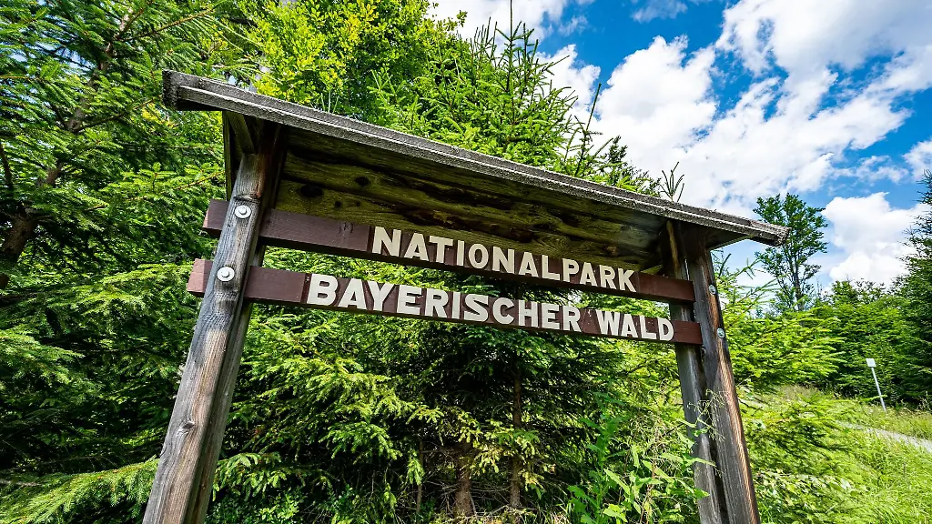 Nationalpark-Bayerischer-Wald-steht-auf-einem-Schild-an-dem-Park