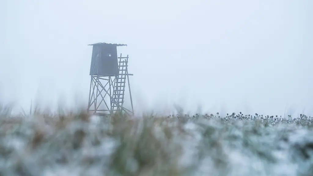 Ein-Hochsitz-ist-im-Morgennebel-neben-einem-Feld-zu-sehen