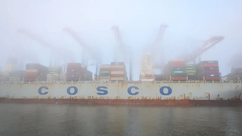 Das-Containerschiff-Cosco-Pride-liegt-im-dichten-Nebel-am-Containerterminal-Tollerort