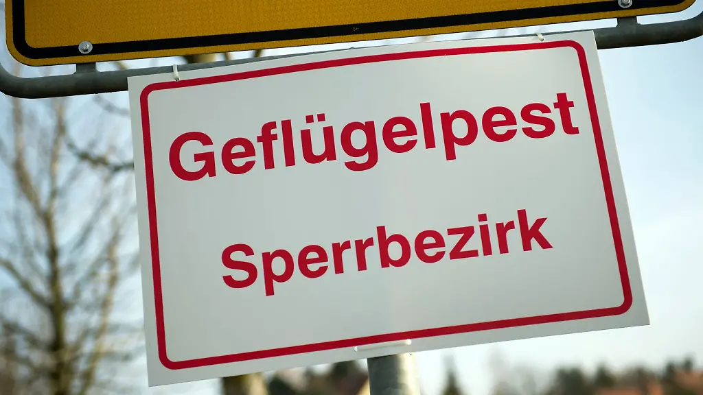 An-einem-Ortseingangsschild-haengt-ein-Schild-mit-der-Aufschrift-Gefluegelpest-Sperrbezirk