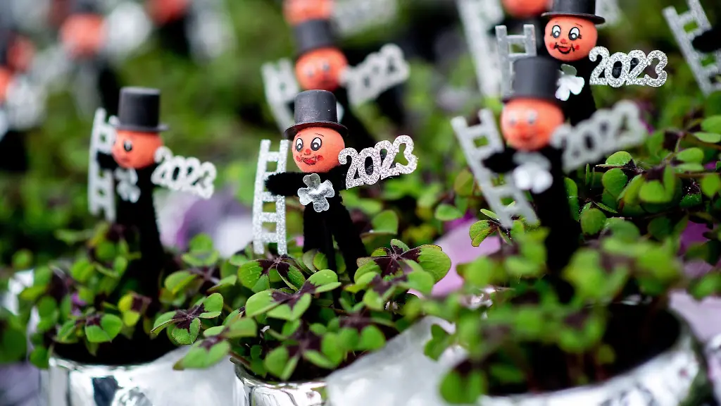 Kleepflanzen-mit-einem-kleinen-Schornsteinfeger-und-der-Jahreszahl-2023-in-einem-Gartenbaubetrieb
