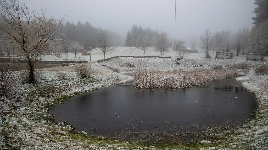Eine-duenne-Schneedecke-liegt-rund-um-einen-Teich-am-Fuss-des-Erbeskopf-Gipfels