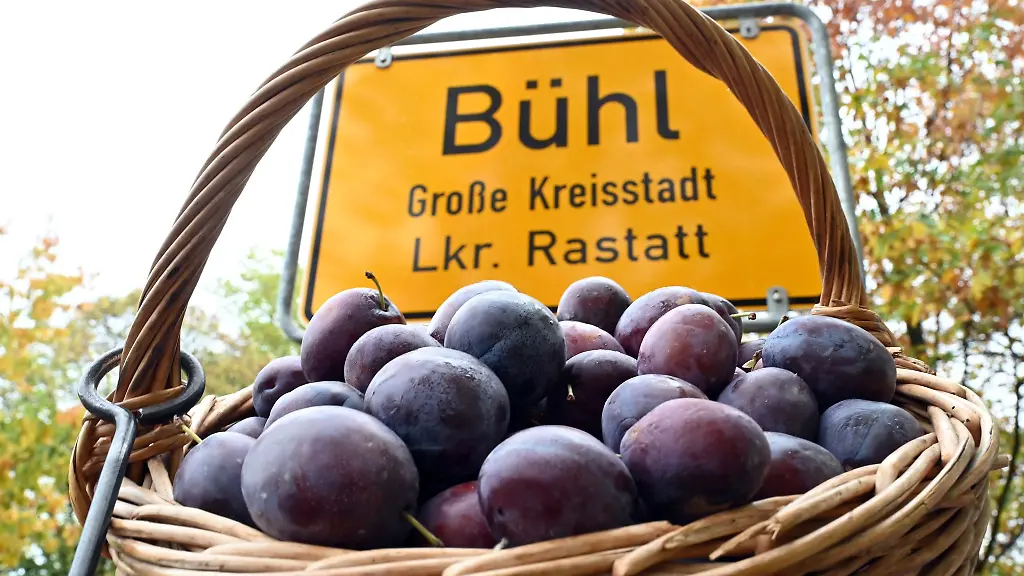 Vor-einem-Buehler-Ortsschild-wird-ein-Korb-mit-Zwetschgen-gezeigt