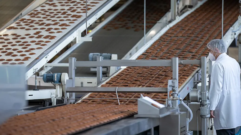 Frisch-gebackene-Lebkuchen-laufen-auf-einem-Band-aus-einem-Ofen-in-der-Produktion