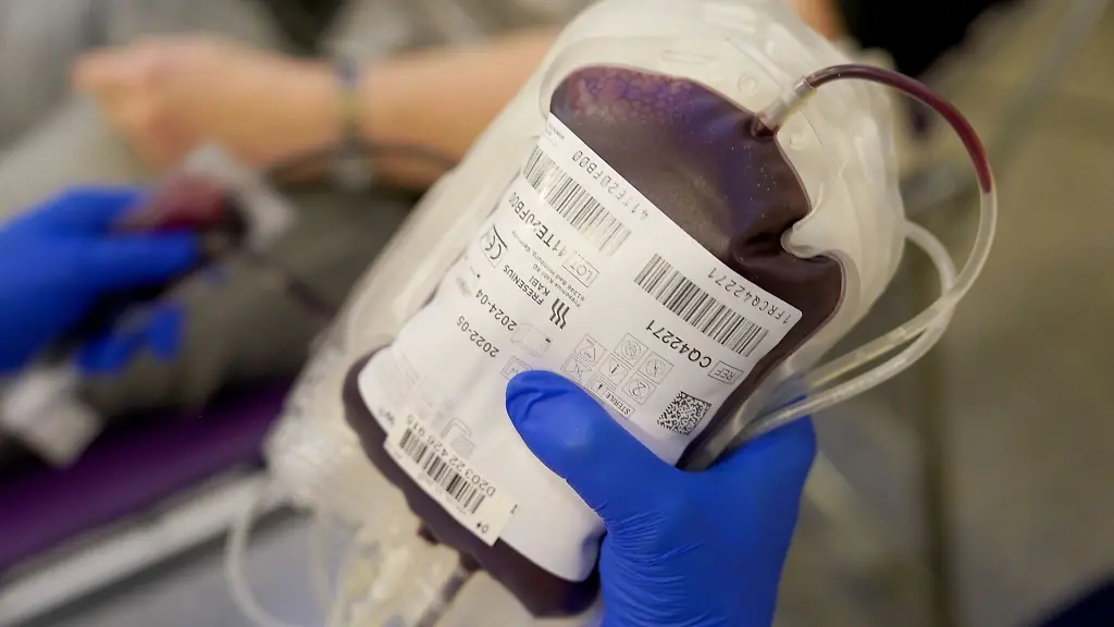 Eine-Mitarbeiterin-des-Deutschen-Roten-Kreuzes-DRK-haelt-die-Blutspende-einer-Frau-in-der-Hand