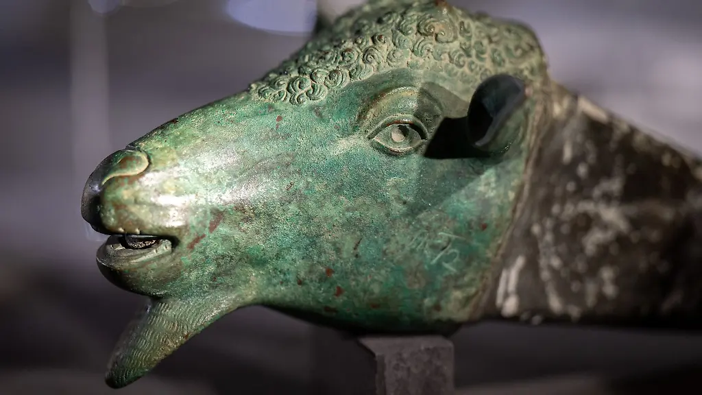 Ein-Lammkopf-als-Wasserspeier-1-Jahrhundert-aus-Pompeji-wird-im-Staatlichen-Museum-fuer-Archaeologie-in-Chemnitz-gezeigt
