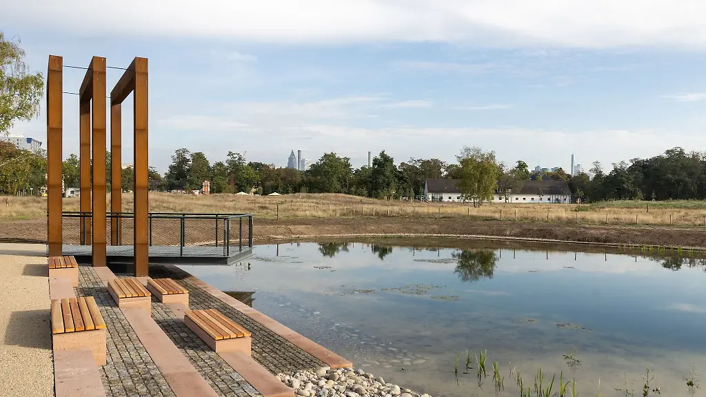 Blick-vom-See-des-Rennbahnparks-Richtung-Frankfurter-Skyline