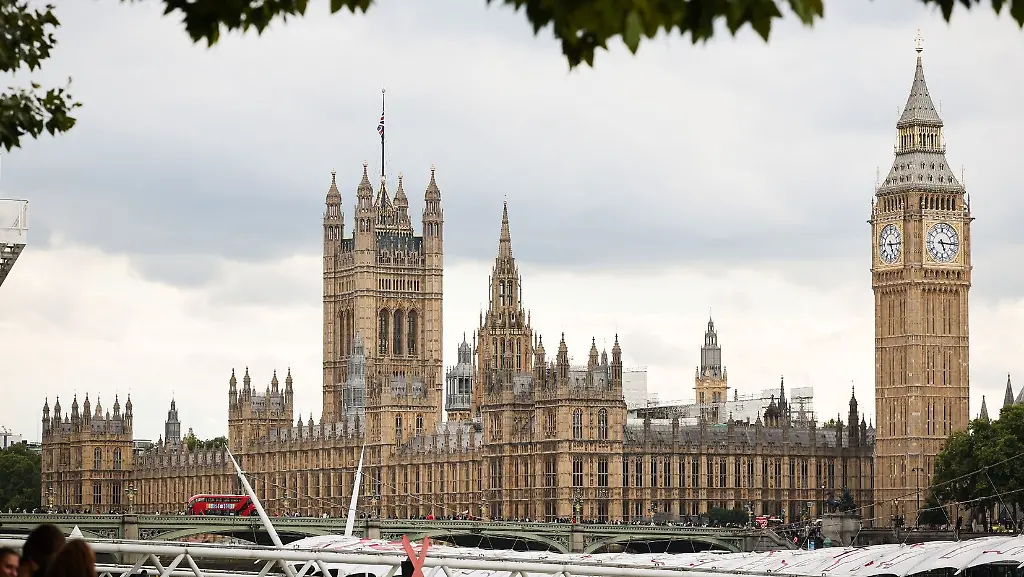 Das-britische-Parlamentsgebaeude-Houses-of-Parliament-der-Palace-of-Westminster-und-der-Big-Ben-Elizabeth-Tower-sind-hinter-der-Westminster-Bridge-zu-sehen