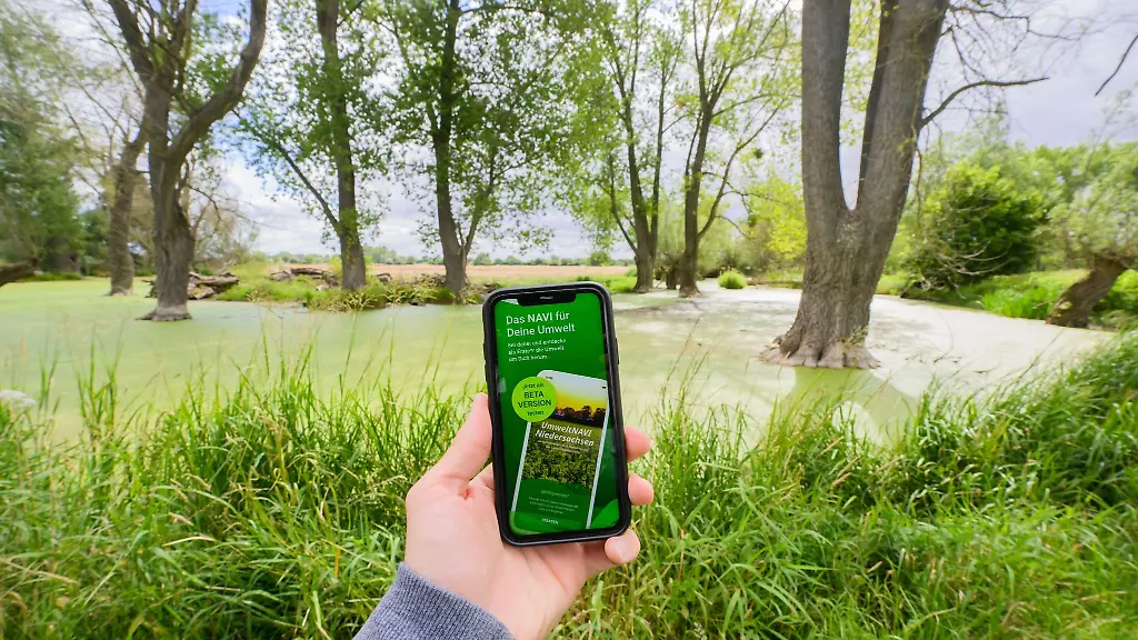 Auf-einem-Smartphonedisplay-ist-die-Beta-Version-einer-neuen-App-UmweltNAVI-Niedersachsen-zu-sehen-gestellte-Szene