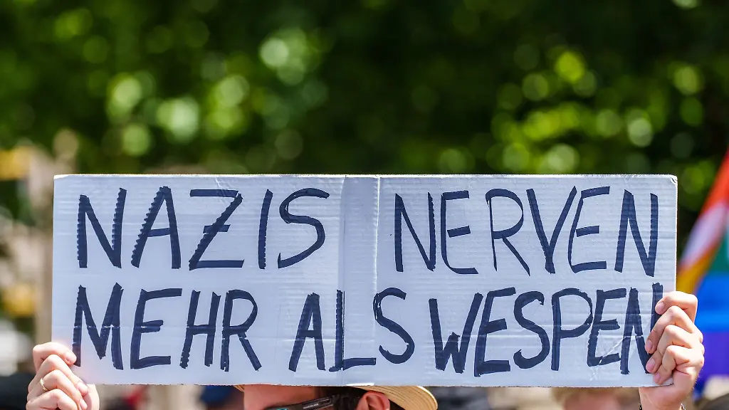 Ein-Gegendemonstrant-haelt-ein-Schild-Nazis-nerven-mehr-als-Wespen-hoch