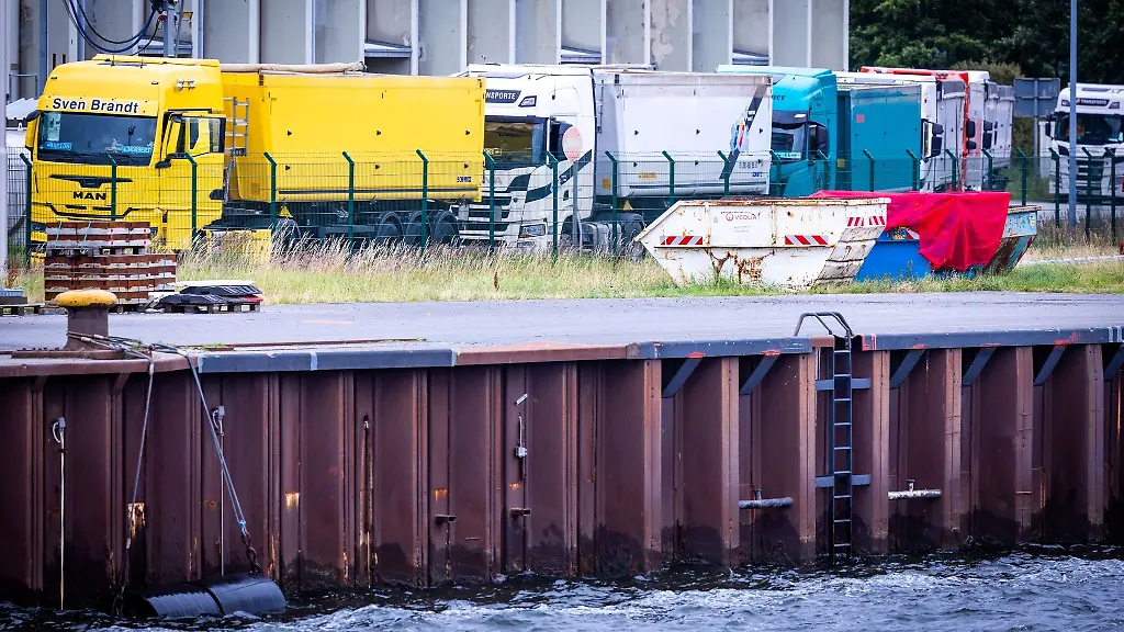 Lastkraftwagen-fuer-den-Transport-von-Getreide-stehen-an-der-Kai-des-Terminals-fuer-Schuettgueter