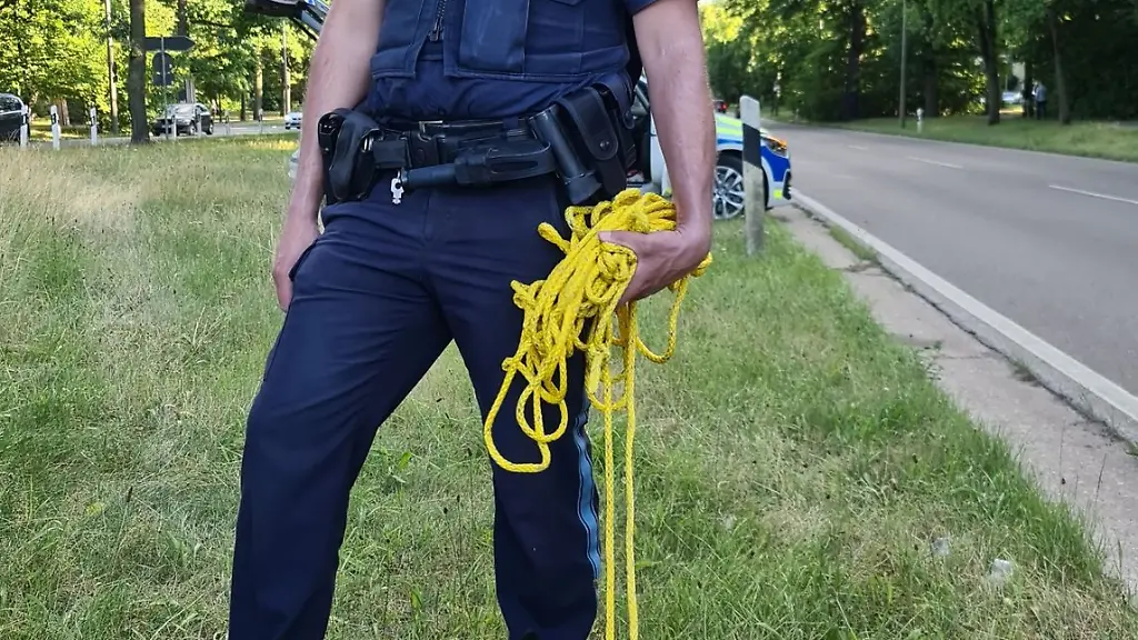Ein-Polizist-haelt-einen-Hund-an-der-Leine-den-die-Beamten-mit-einem-Wurstbrot-an-einer-Kreuzung-der-Bundesstrasse-eingefangen-haben