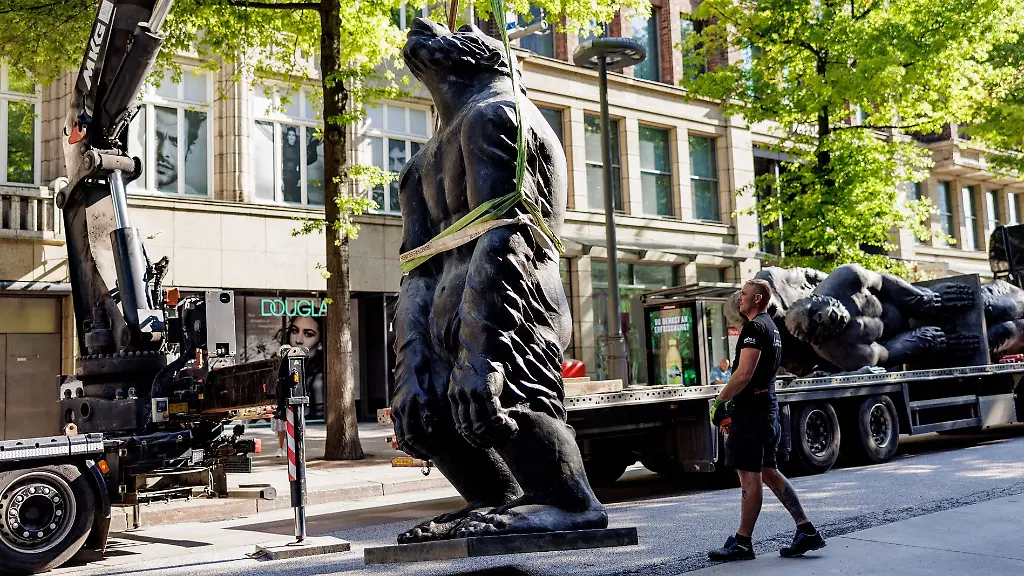 Ueber-drei-Meter-grosse-Affen-Skulpturen-des-chinesischen-Kuenstlers-Liu-Ruowang-werden-aufgestellt