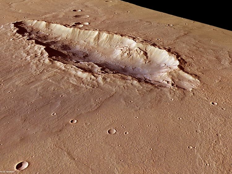 78 Kilometer lang, 2 Kilometer tief: Der ungewöhnliche Krater auf dem Mars.