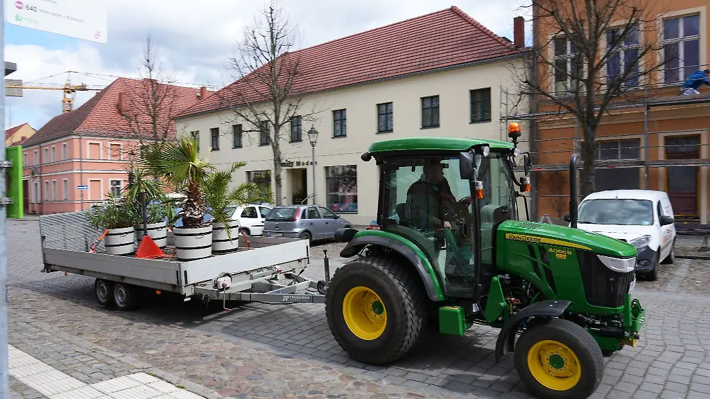 Ein-Traktor-mit-Anhaenger-faehrt-durch-die-Altstadt-und-bringt-Gruenpflanzen-auf-das-Gelaende-der-Brandenburgischen-Landesgartenschau-Laga