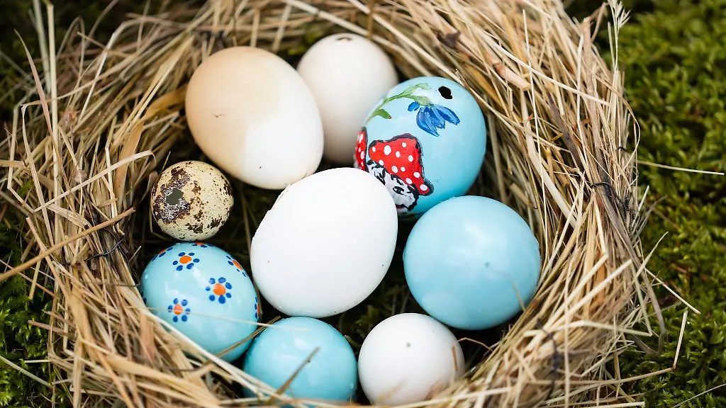 Bemalte-und-weisse-Ostereier-liegen-in-einem-Nest