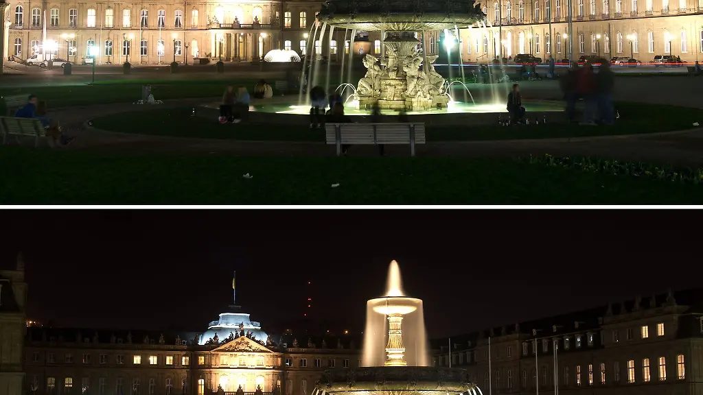 Die-Bildkombo-zeigt-das-Neue-Schloss-in-Stuttgart-beleuchtet-und-unbeleuchtet