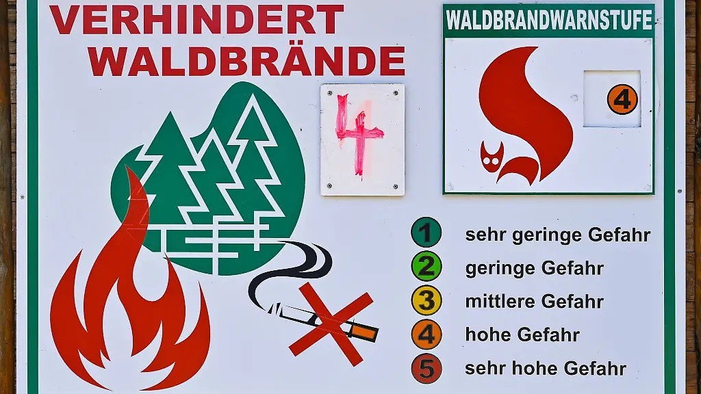 Ein-Schild-zeigt-die-zweit-hoechste-Waldbrandwarnstufe-4-an